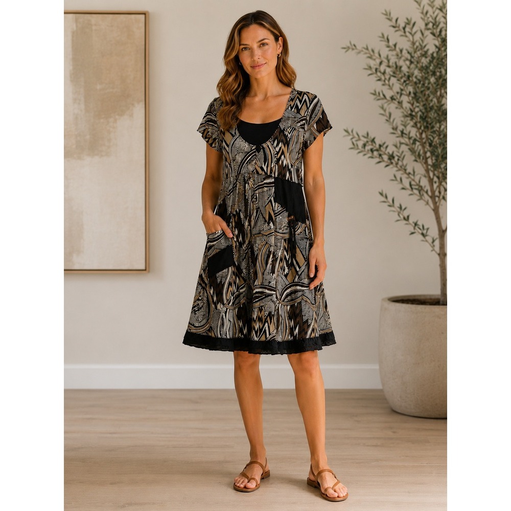 Lana Lee Geometric Abstract Print Dress Women L Black Brown Short Sleeve Midi